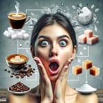 A woman with a shocked expression on her face, wide-eyed and open-mouthed, as she discovers surprising facts about caffeine and sugar.