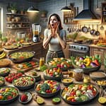 A realistic and detailed kitchen scene capturing the astonishment of a woman as she discovers a variety of dishes prepared entirely without oil. The k