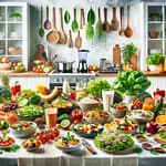 A vibrant and wide kitchen scene showcasing a variety of dishes prepared without any oil. The table is filled with colorful salads, steamed vegetables