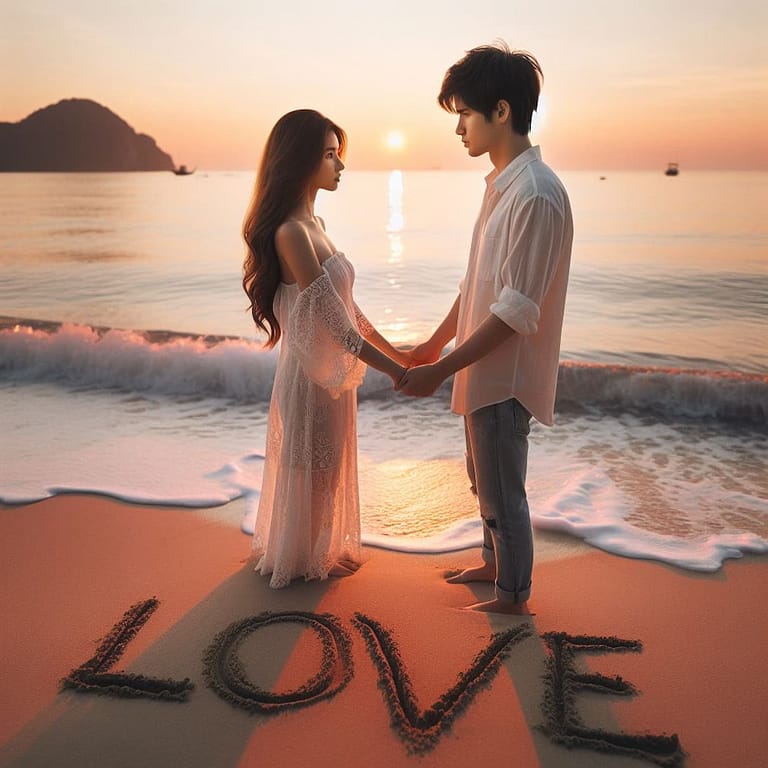 couple holding hands on beach-sunset vibe- with written "love"